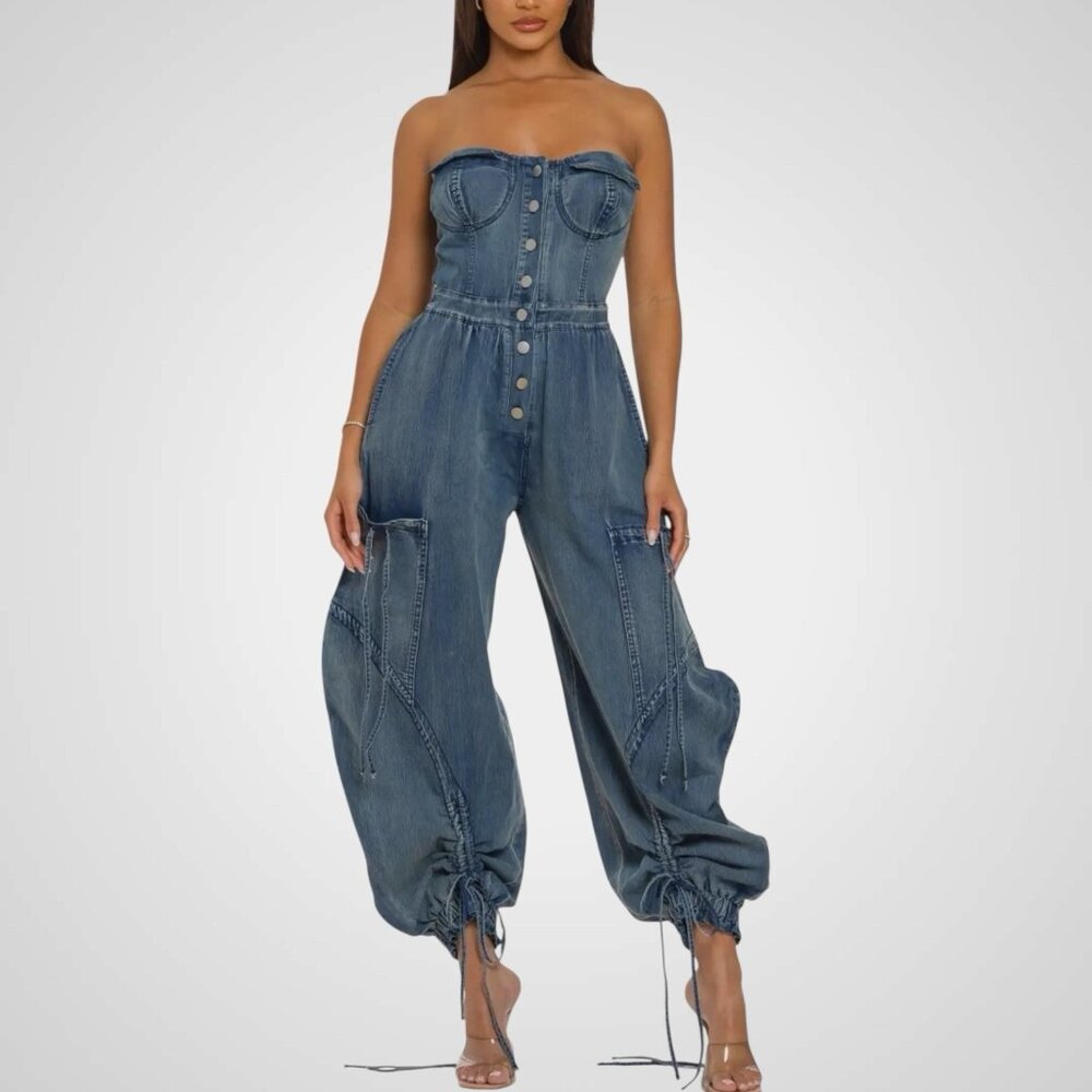 Women Denim Strapless Overalls Jumpsuit Size M Tall Blue Wide Leg Drawstring